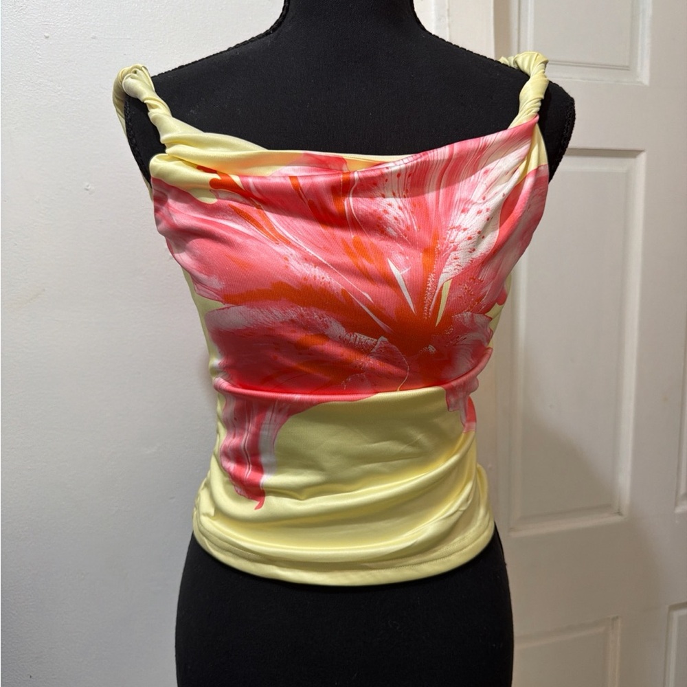 Floral Cowl Neck Women’s Tank Top - Yellow and Coral